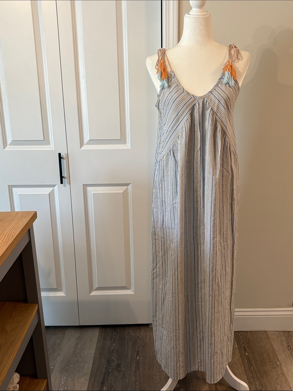 Altr’d State Striped Maxi SunDress w Tassel Shoulder Ties - Blue, White & Brown - Picture 1 of 8